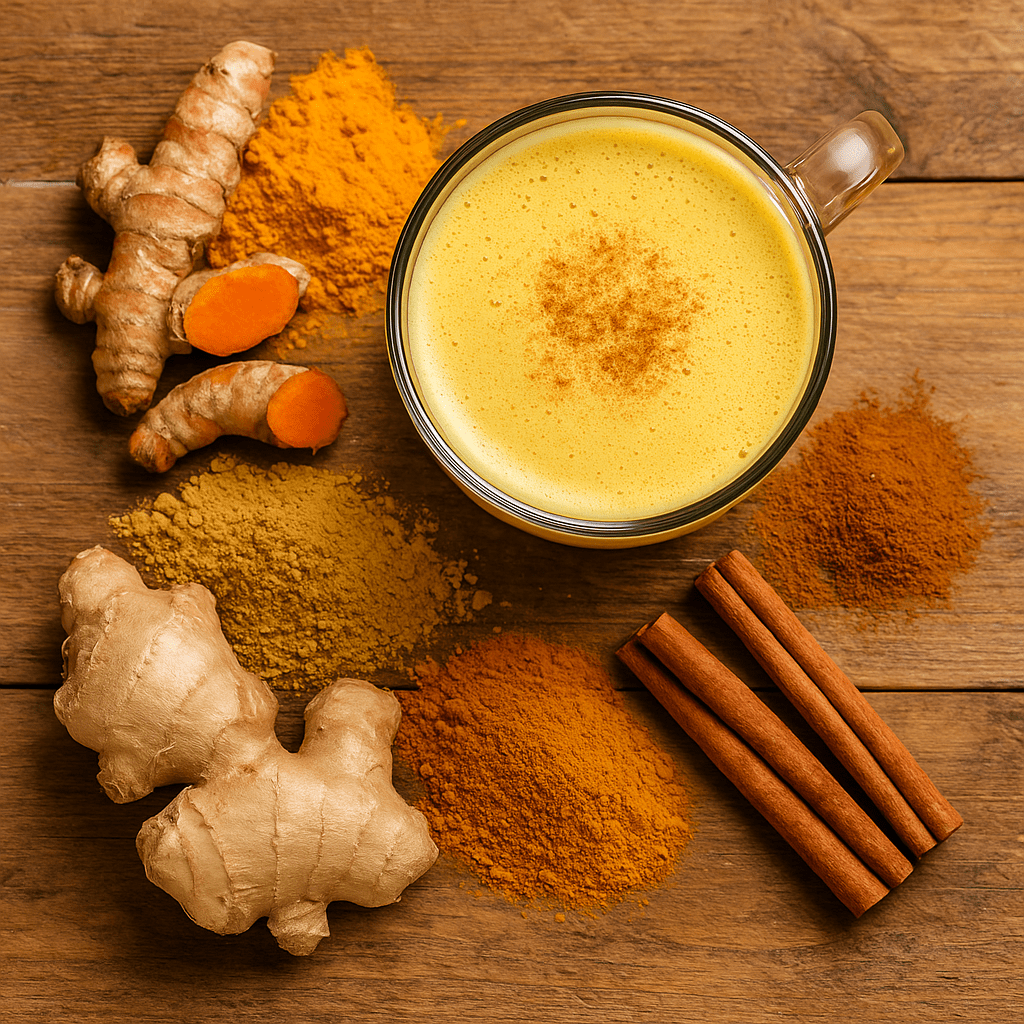 Golden Milk Essentials Pack – organic turmeric, ginger and Ceylon cinnamon with a glass of golden milk on rustic wooden background, SpiceBloom NZ