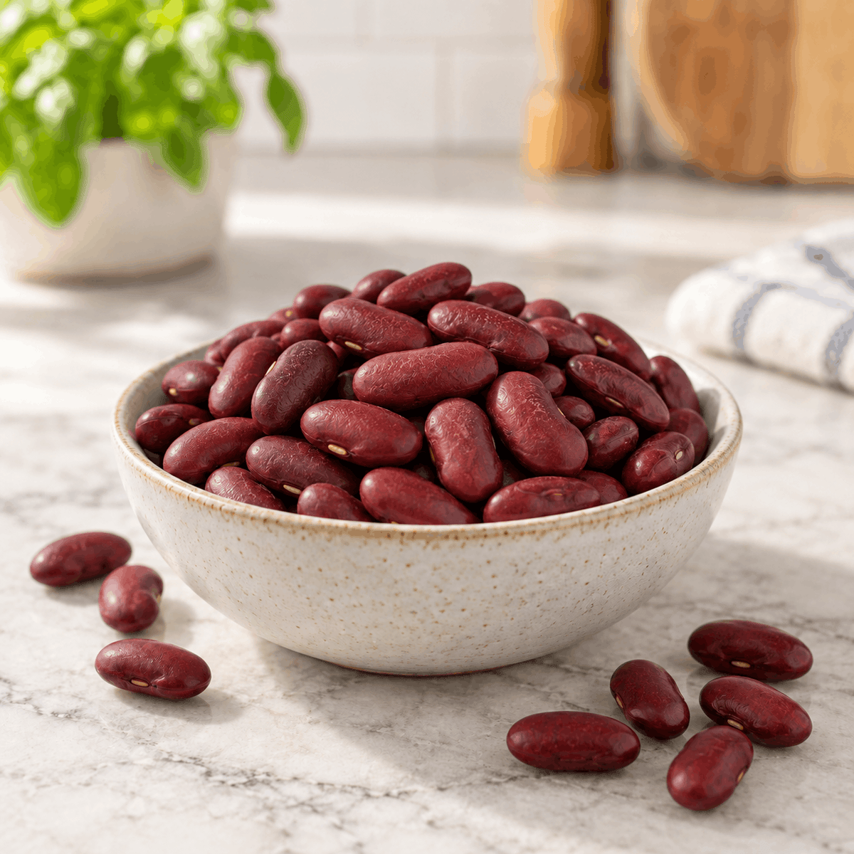 SpiceBloom dark red kidney beans from Argentina in a ceramic bowl, ideal for chilli, soups, stews, curries and rice dishes.