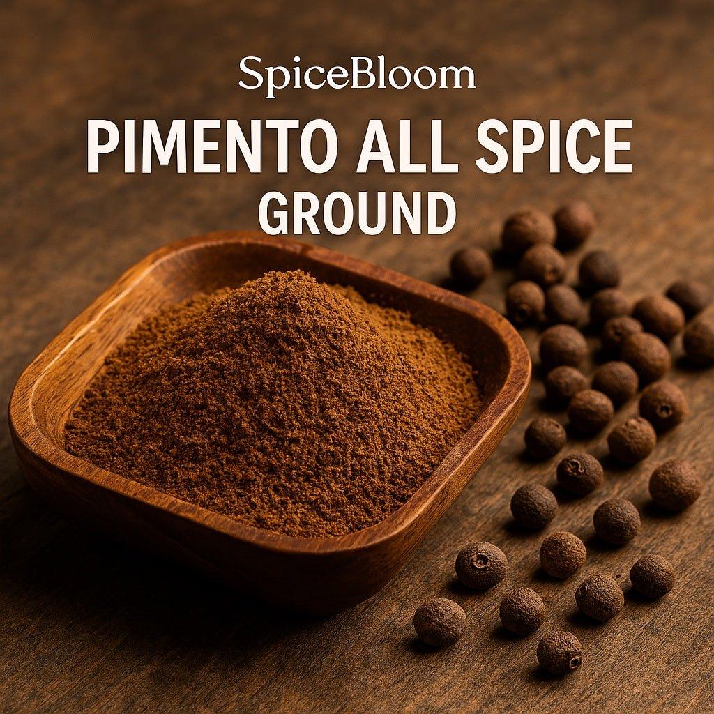 SpiceBloom ground allspice made from dried pimento berries from India for jerk seasoning, stews, baking, sauces, marinades and spiced drinks.