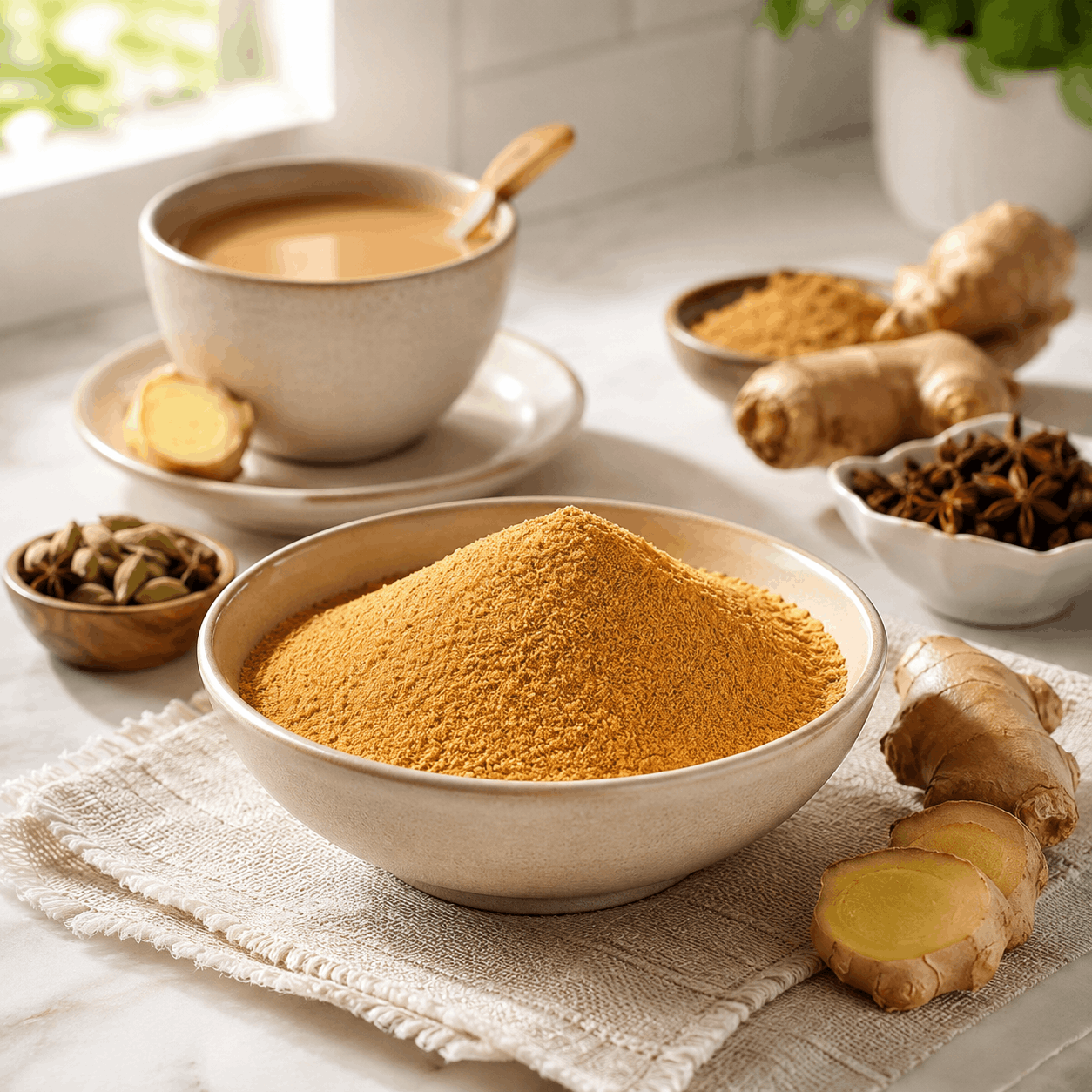 SpiceBloom Organic Fine Jaggery Powder from India in a ceramic bowl with warm caramel-brown colour, styled in a bright kitchen setting.