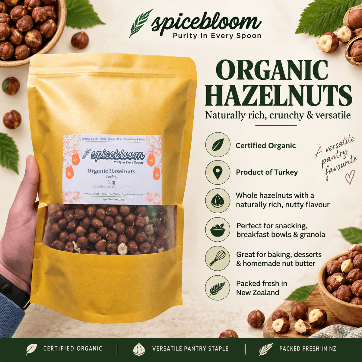 Organic Hazelnuts – Certified Organic | Turkey | SpiceBloom NZ - Spice Bloom