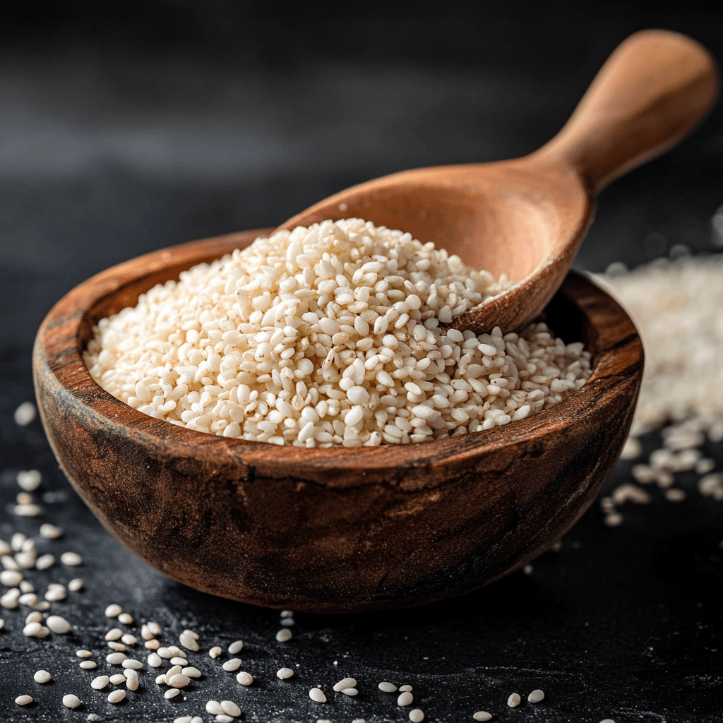 A close-up view of SpiceBloom's premium organic hulled white sesame seeds, showcasing their creamy colour and smooth texture, perfect for making homemade tahini and baking.
