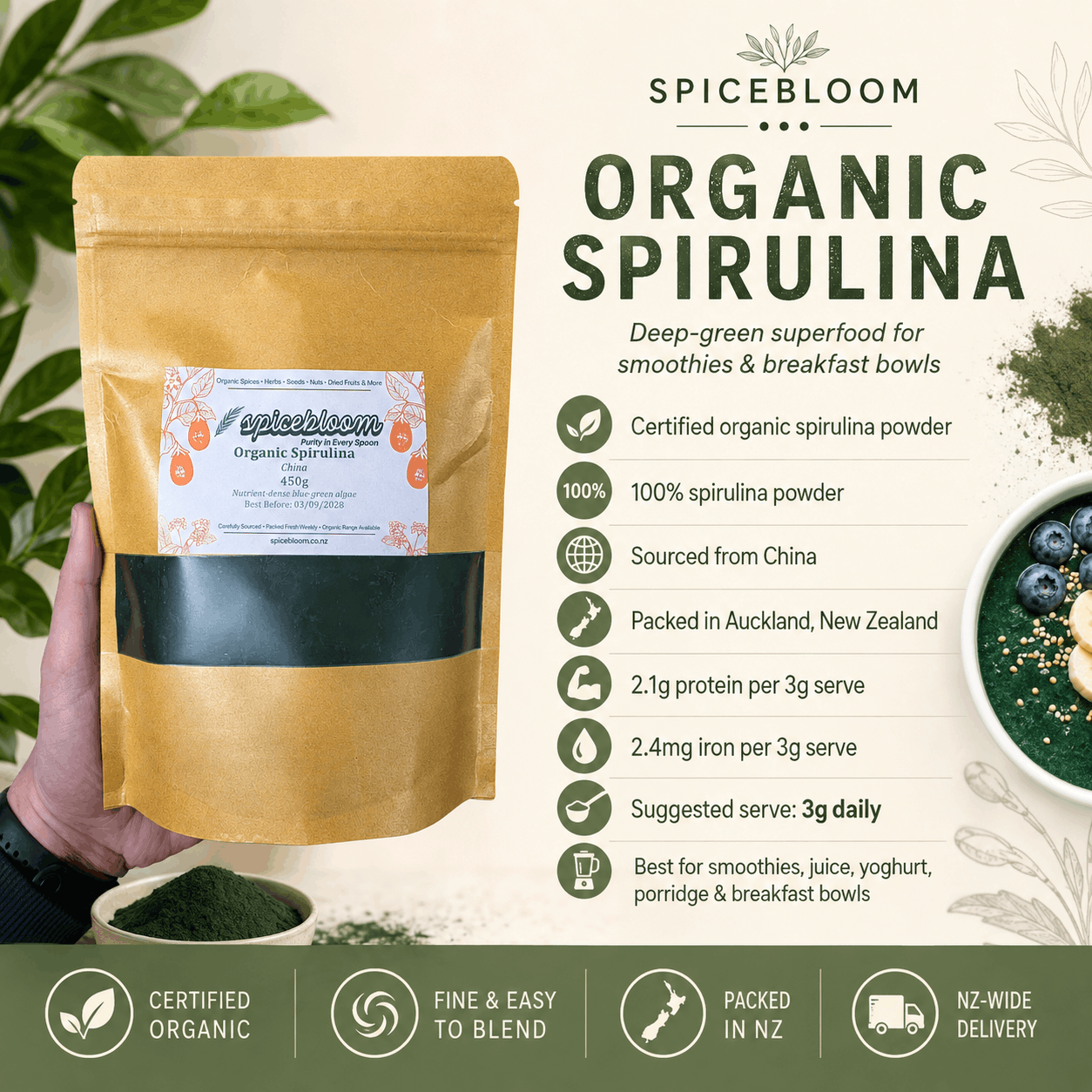 Organic Spirulina Powder (Certified Organic) – Natural Iron & Energy Booster - Spice Bloom