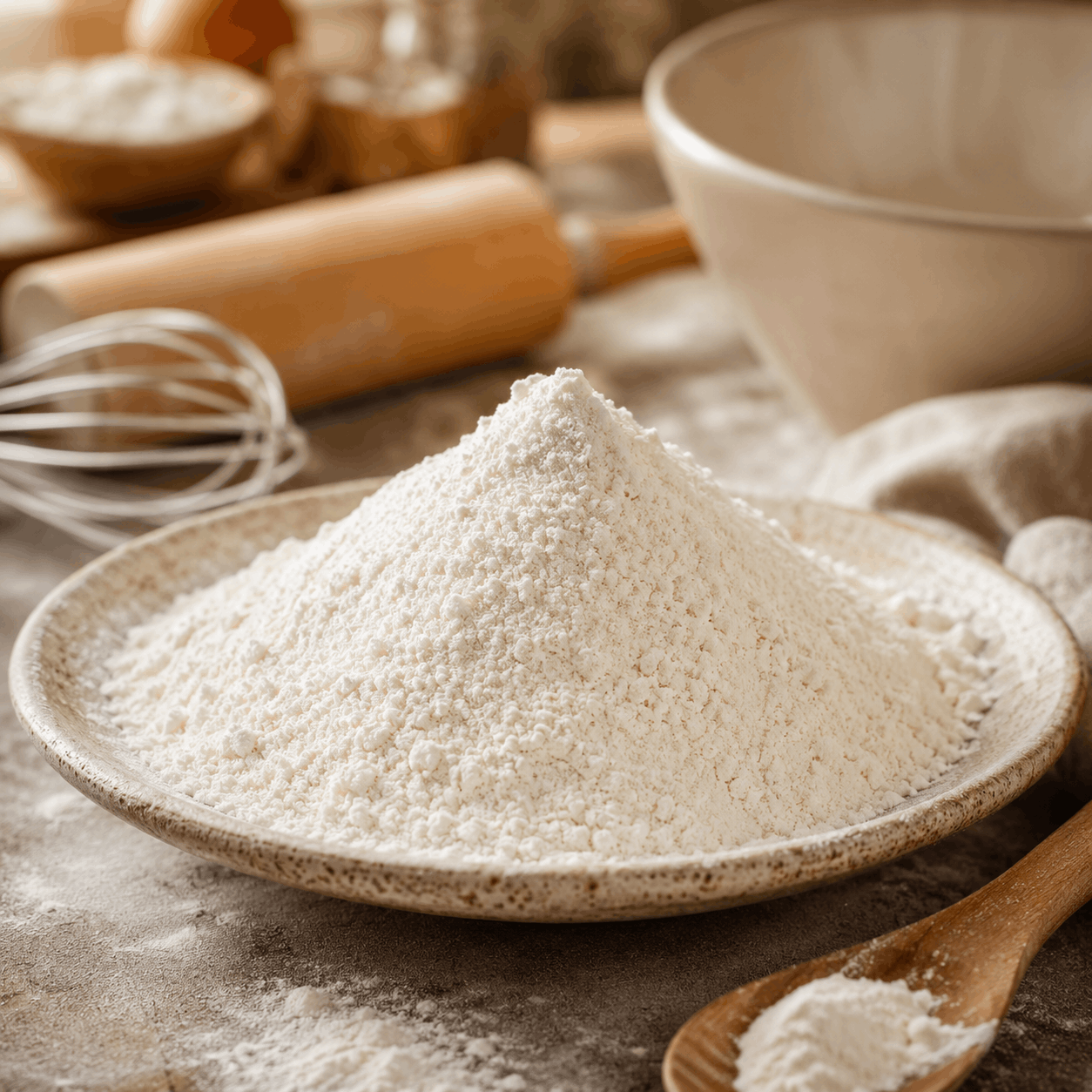 SpiceBloom organic flour served in a rustic baking setting with a mixing bowl, whisk, rolling pin and wooden spoon, highlighting its fine white texture for home baking.