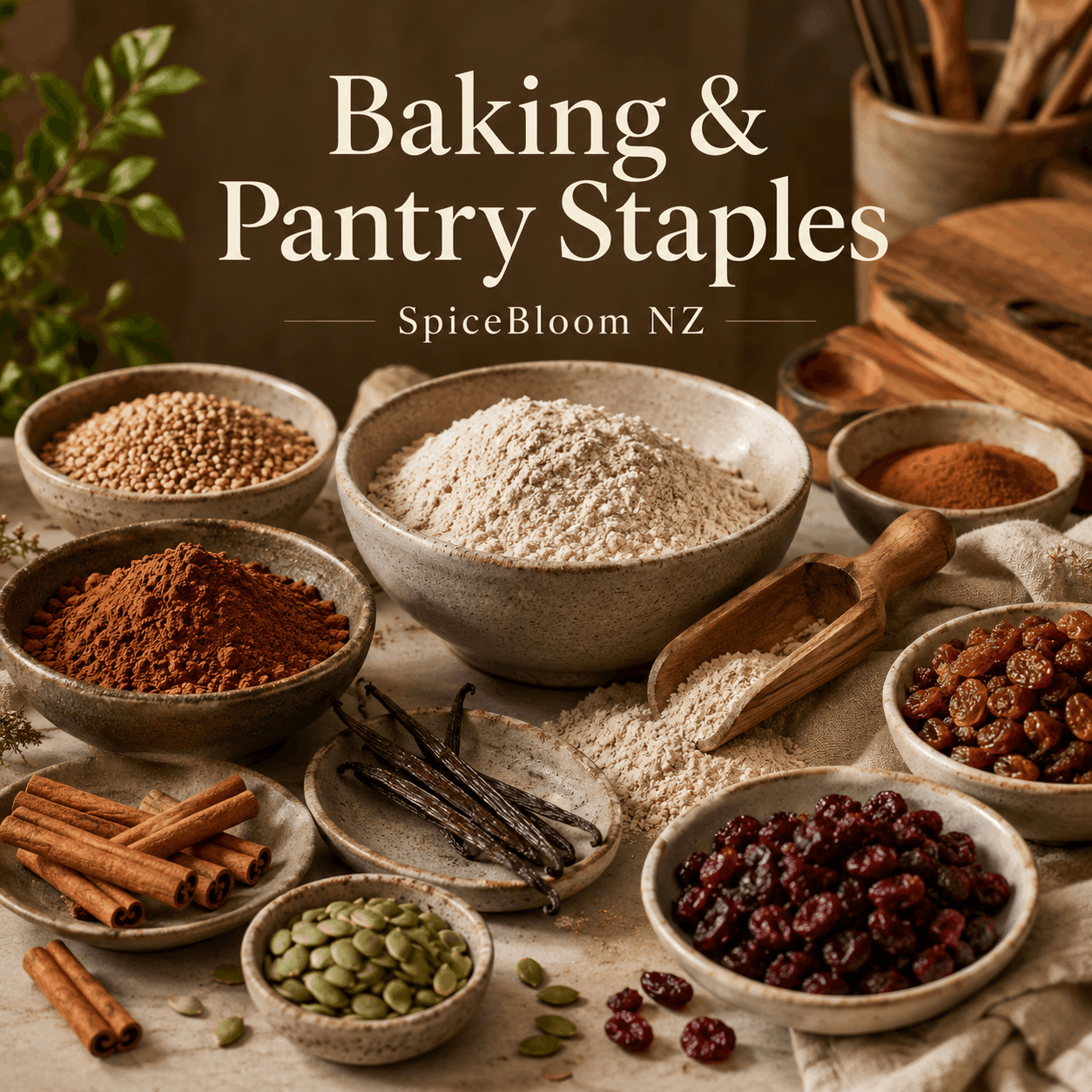 Baking and pantry staples collection by SpiceBloom NZ featuring flour, cacao powder, cinnamon sticks, vanilla beans, pumpkin seeds, cranberries and sultanas in rustic ceramic bowls.