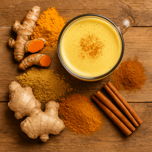 Golden Milk Essentials Pack – organic turmeric, ginger and Ceylon cinnamon with a glass of golden milk on rustic wooden background, SpiceBloom NZ