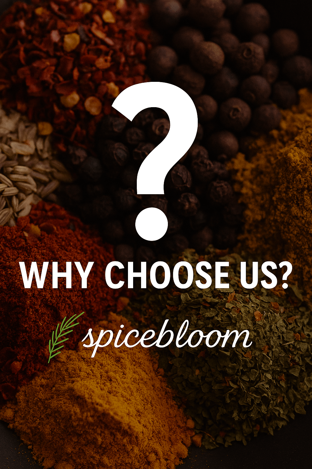 SpiceBloom logo with the tagline “Why Choose Us?” over a vibrant background of assorted spices in wooden bowls, showcasing a premium selection of herbs and seasonings for New Zealand’s top spice store.