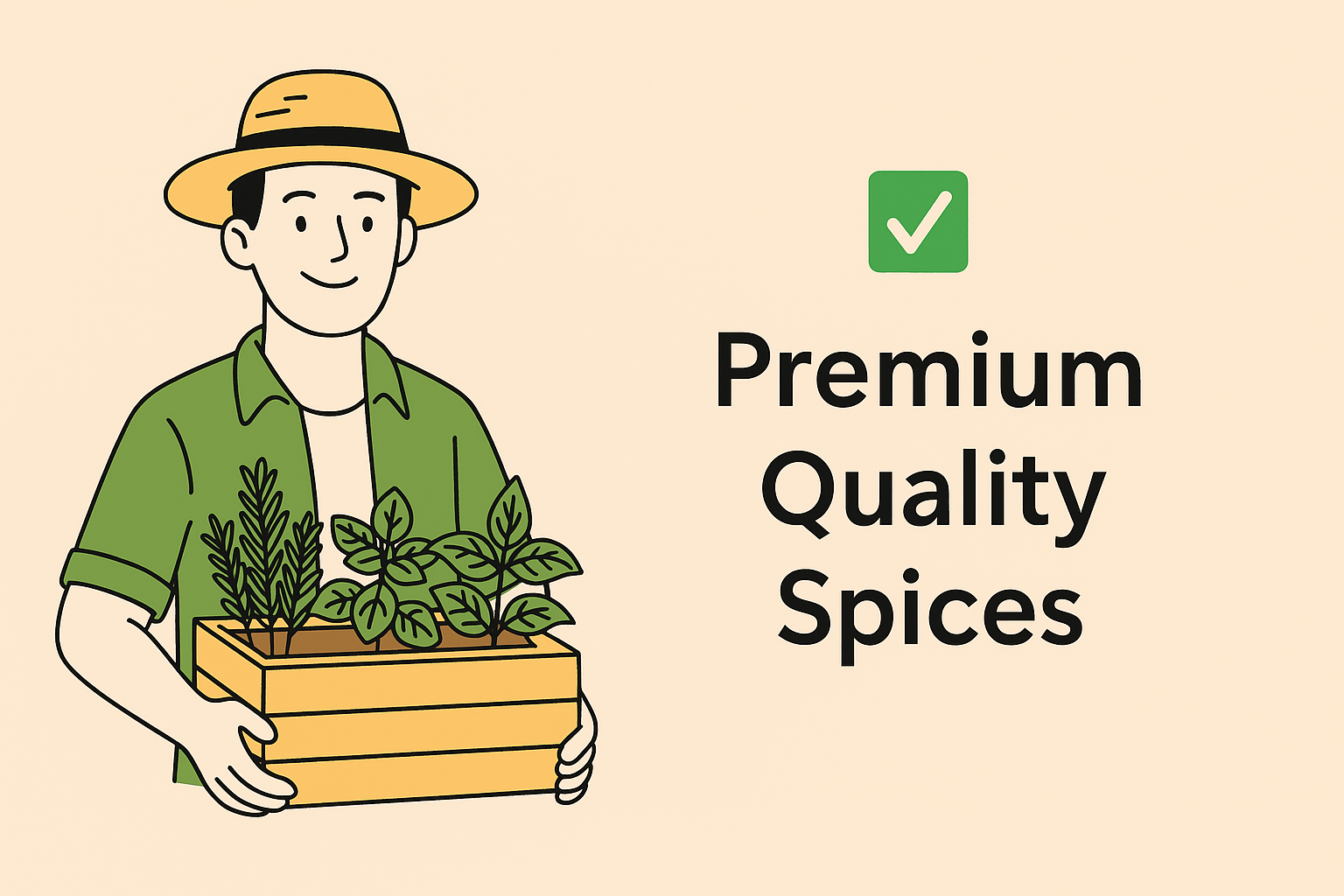 Illustration of a man holding a wooden box filled with fresh herbs, accompanied by the text 'Premium Quality Spices' to highlight the freshness and quality of SpiceBloom's offerings.