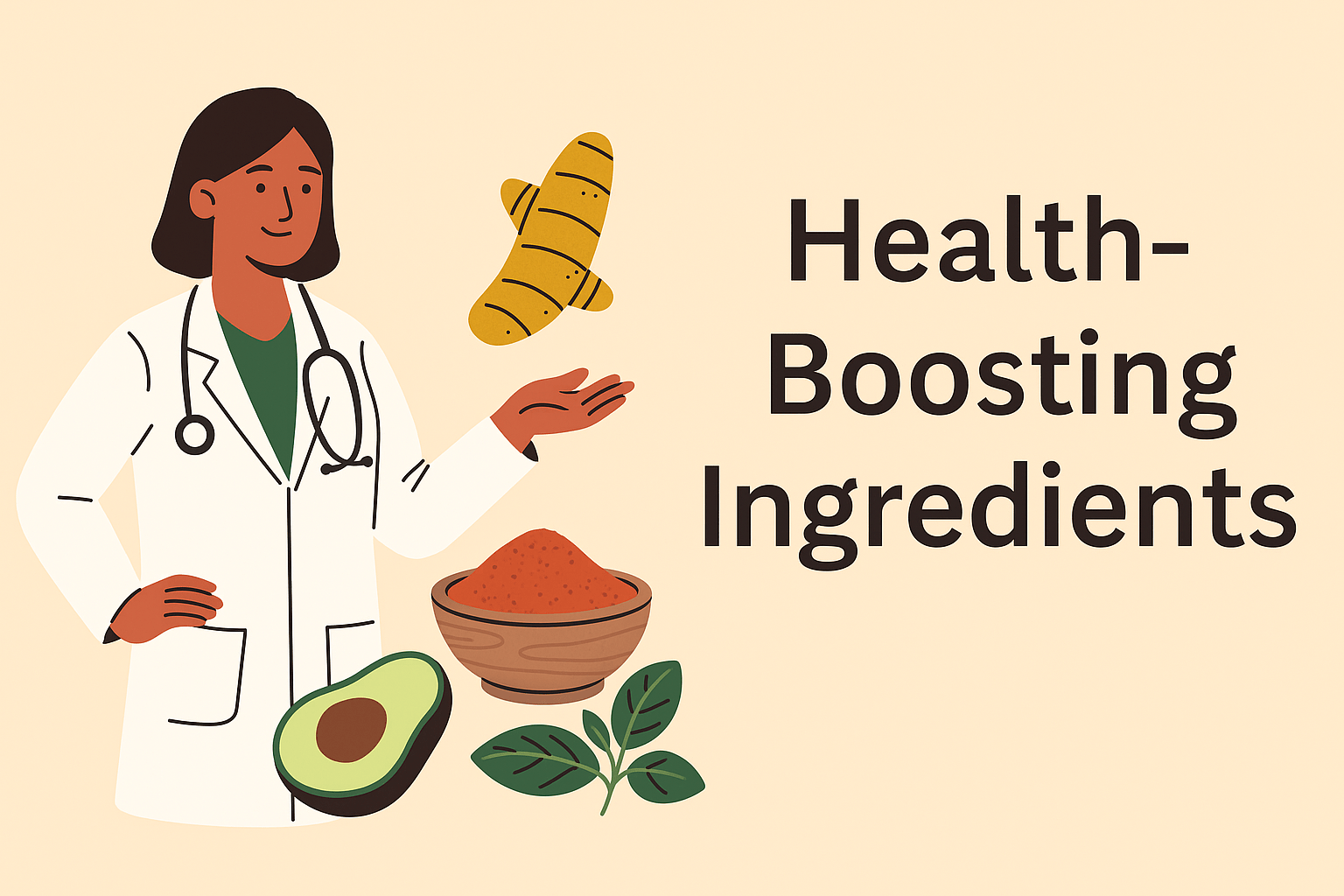 Illustration of a woman holding a basket of fresh ingredients with the text 'Health Boosting Ingredients,' symbolizing the natural and beneficial elements in SpiceBloom’s products.