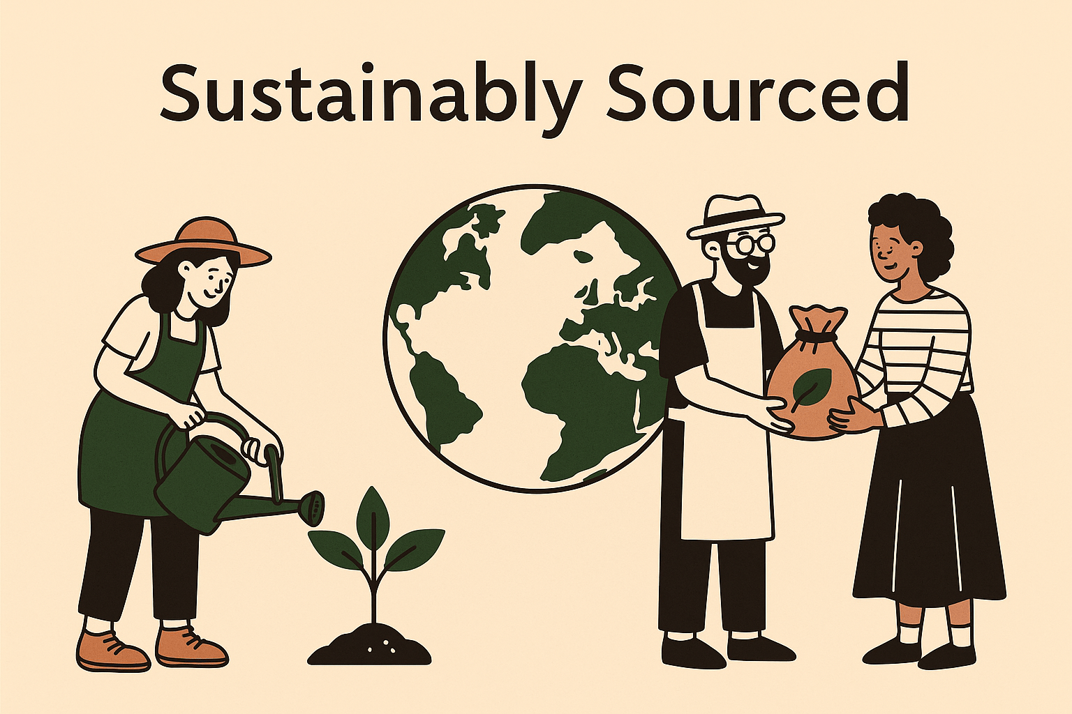 Illustration showing the sustainable sourcing process, with a woman watering a plant, a globe symbolizing global reach, and two individuals exchanging sustainably sourced goods.