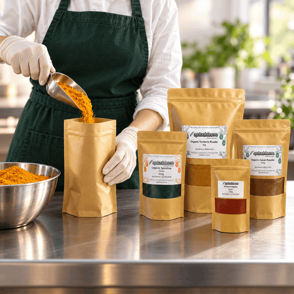Illustrative small-batch packing scene with SpiceBloom turmeric, paprika, cacao and spirulina packets.