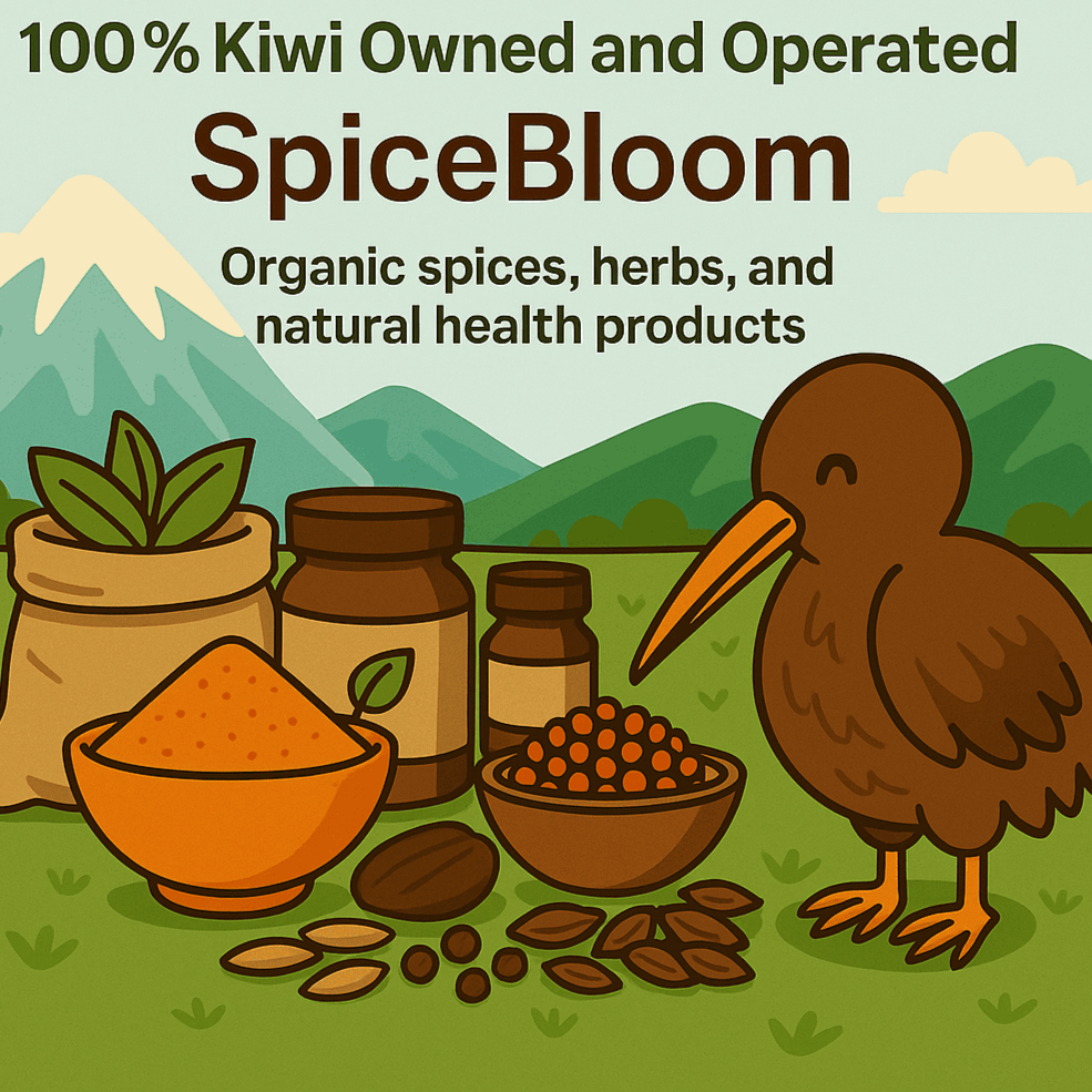 A vibrant illustration representing SpiceBloom NZ, a 100% Kiwi-owned business offering organic spices, herbs, and natural health products. The image features a Kiwi bird surrounded by a variety of spices and herbs, set against a picturesque New Zealand landscape with mountains and rolling hills, emphasizing the brand’s local roots and commitment to quality.