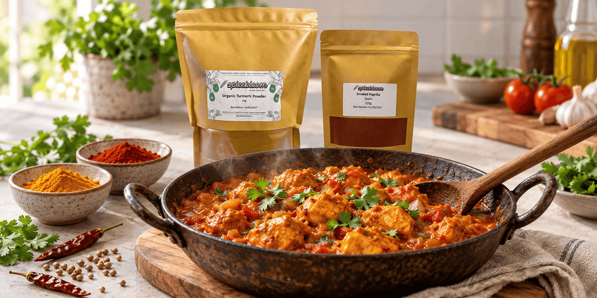Fresh curry with SpiceBloom turmeric and smoked paprika packets, bowls of spices and fresh herbs.