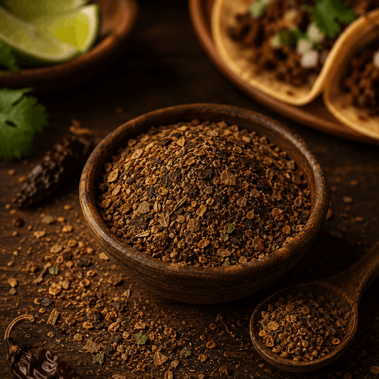 Authentic Mexican chipotle seasoning in a rustic wooden bowl with visible herbs and spices, styled in a premium kitchen setting with tacos, lime wedges, and dried chillies in the background.