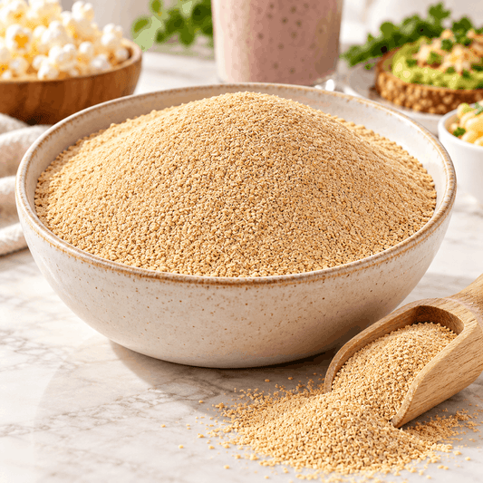 SpiceBloom Brewer's Yeast from Australia in a ceramic bowl with smoothie and savoury meal ideas in the background.