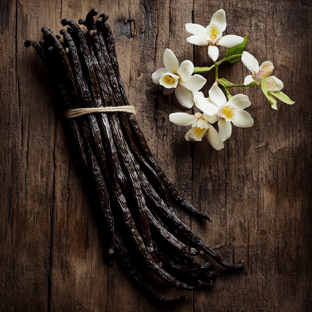 Bundle of SpiceBloom A-Grade Organic Madagascar Vanilla Bean Pods tied with twine, displayed with fresh white vanilla orchids on a rustic dark wooden background.