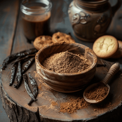 Organic Madagascar vanilla powder in wooden bowl with pods – SpiceBloom product photo