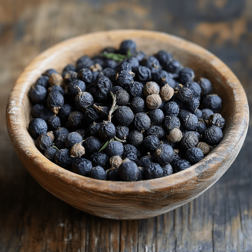 SpiceBloom whole dried juniper berries from Asia with piney and citrusy flavour for marinades, roasts, game dishes, sauerkraut and pickling.