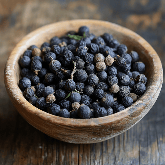 SpiceBloom whole dried juniper berries from Asia with piney and citrusy flavour for marinades, roasts, game dishes, sauerkraut and pickling.