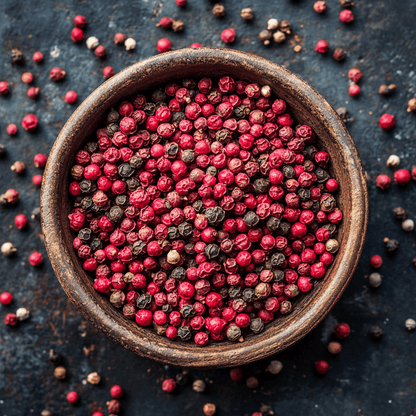 Pink peppercorns in a bowl on a wooden kitchen counter, showing their bright ruby colour and natural texture in warm lighting.