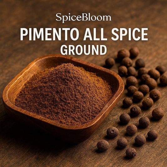 SpiceBloom ground allspice made from dried pimento berries from India for jerk seasoning, stews, baking, sauces, marinades and spiced drinks.