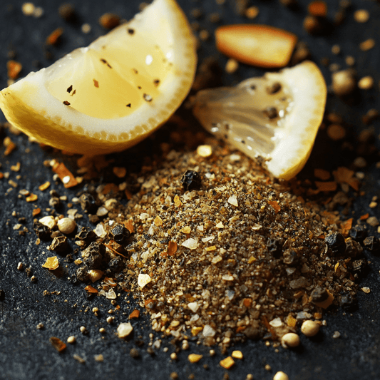 SpiceBloom Lemon Pepper Seasoning with lemon peel, black pepper, garlic and herbs and no added flavours or colours.