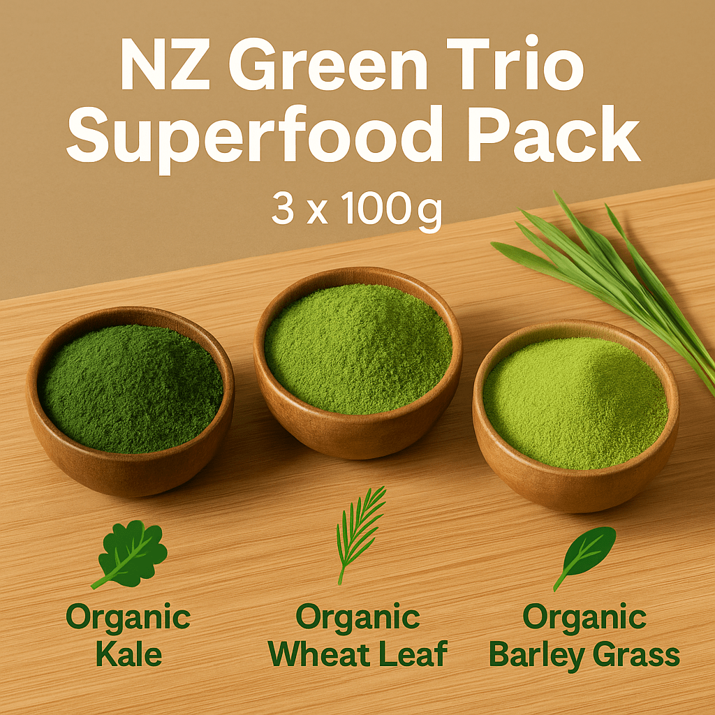 NZ Green Trio Superfood Pack – Organic Kale, Wheat Leaf & Barley Grass Powder | 3 x 100g | SpiceBloom NZ - Spice Bloom