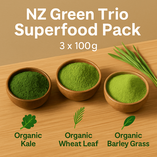 NZ Green Trio Superfood Pack – Organic Kale, Wheat Leaf & Barley Grass Powder | 3 x 100g | SpiceBloom NZ - Spice Bloom