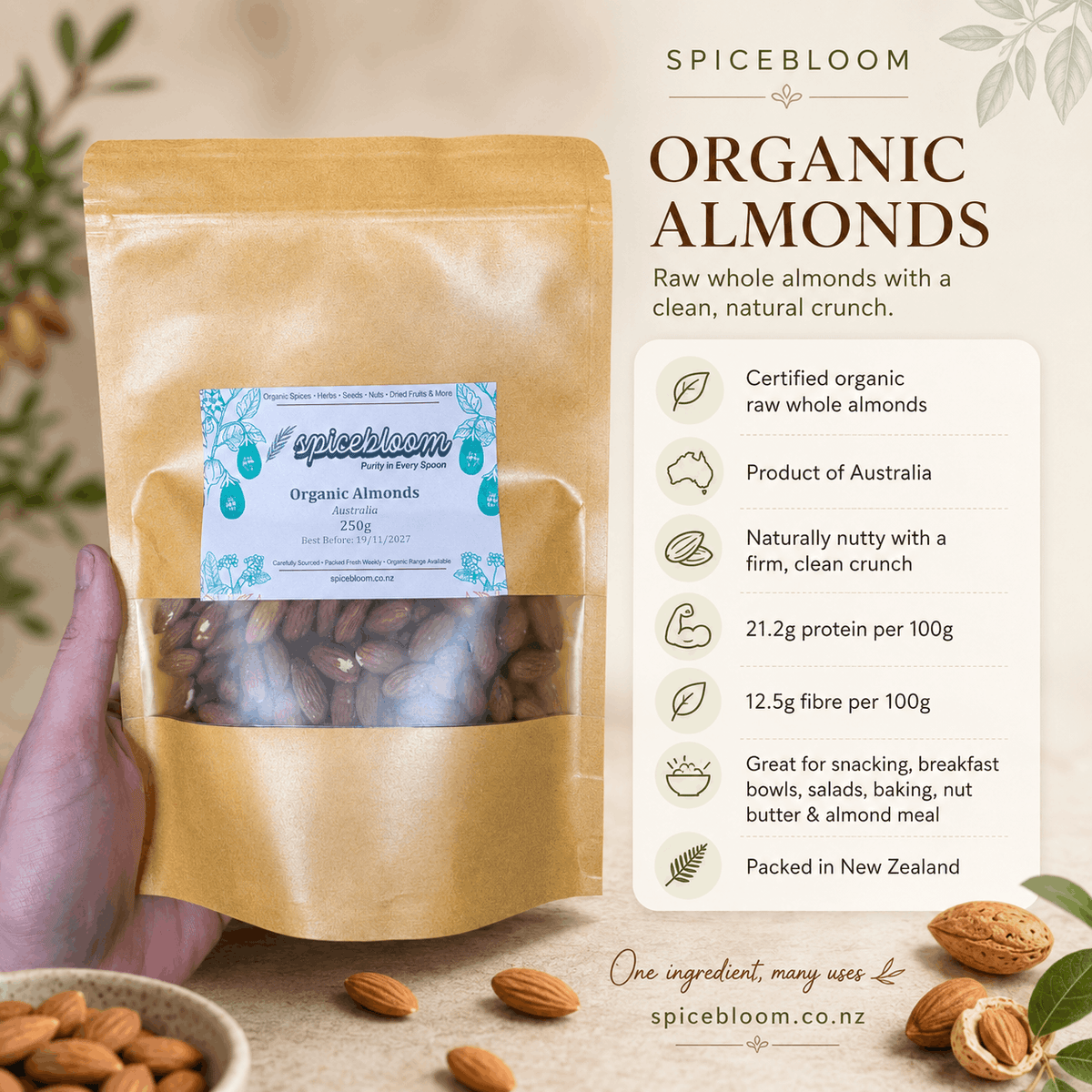 Organic Almonds – Raw & Crunchy | Australia | SpiceBloom NZ - Spice Bloom