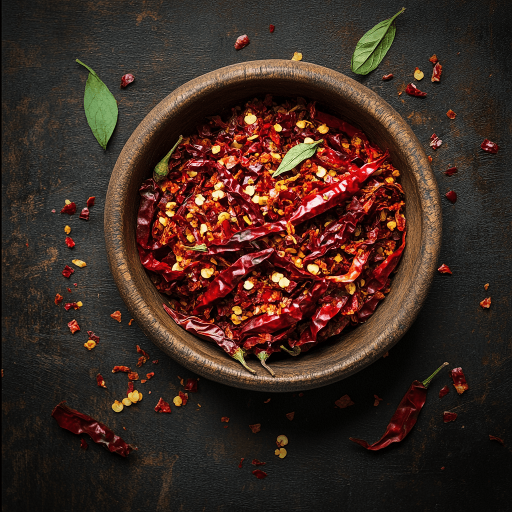 A close-up of SpiceBloom's premium organic crushed chilli flakes, showing vibrant red sun-dried seeds and skin perfect for adding instant heat to pizza and pasta.