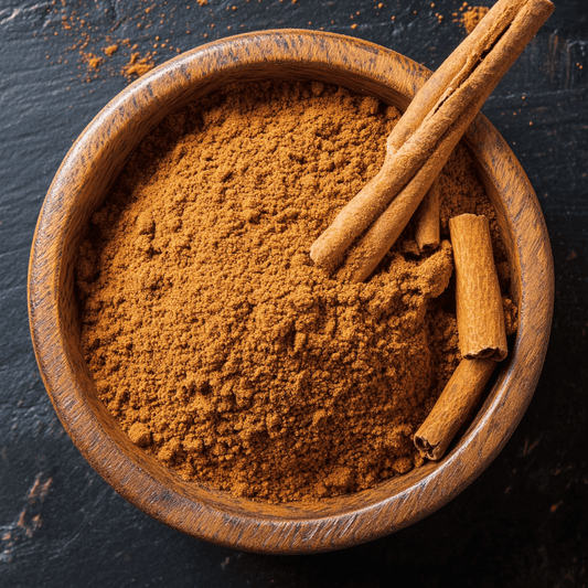 SpiceBloom certified-organic ground cassia cinnamon from India for baking, curries, chai, coffee, desserts and warming spice blends.