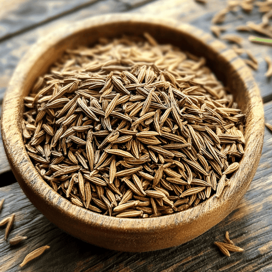 A close-up view of SpiceBloom's premium organic whole cumin seeds (jeera), a versatile and deeply aromatic spice essential for authentic Indian curries and Mexican dishes.