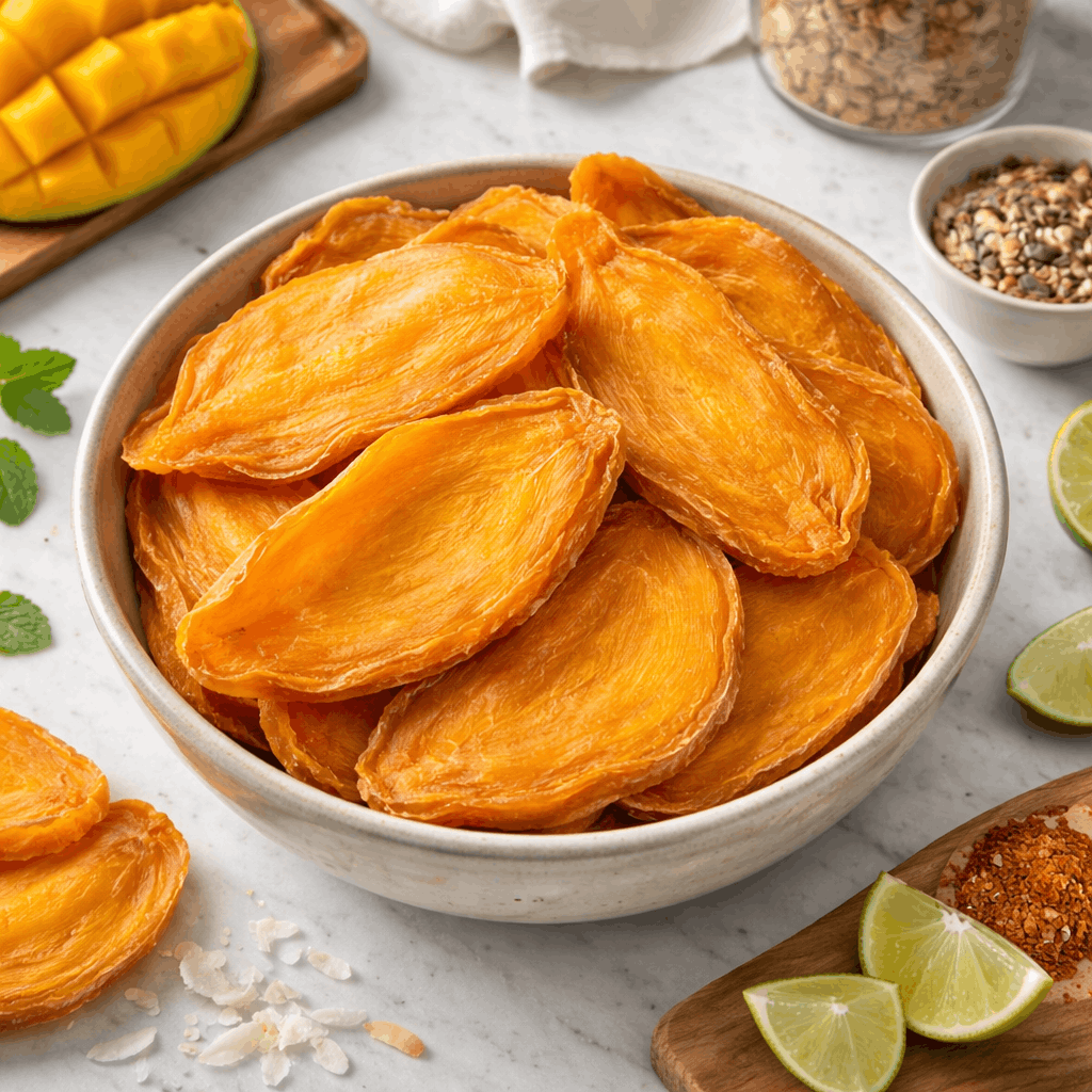 Organic dried mango slices in a ceramic bowl in a premium kitchen setting, naturally sweet and vibrant orange, perfect healthy snack by SpiceBloom NZ