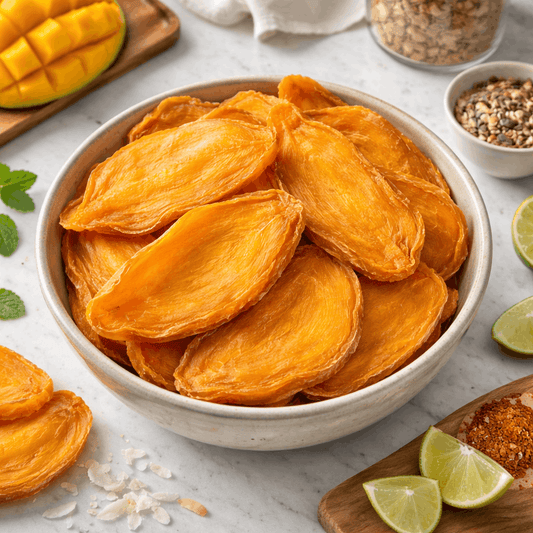 Organic dried mango slices in a ceramic bowl in a premium kitchen setting, naturally sweet and vibrant orange, perfect healthy snack by SpiceBloom NZ