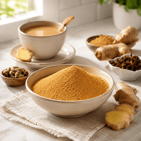 SpiceBloom Organic Fine Jaggery Powder from India in a ceramic bowl with warm caramel-brown colour, styled in a bright kitchen setting.