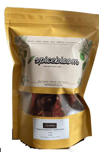 Organic Kashmiri Chilli Dried Whole – 50g, 100g, 500g | SpiceBloom - Spice Bloom