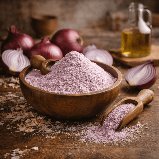 Organic purple onion powder in wooden bowl with red onions in rustic kitchen setting, ideal for cooking sauces, dips and seasoning in New Zealand