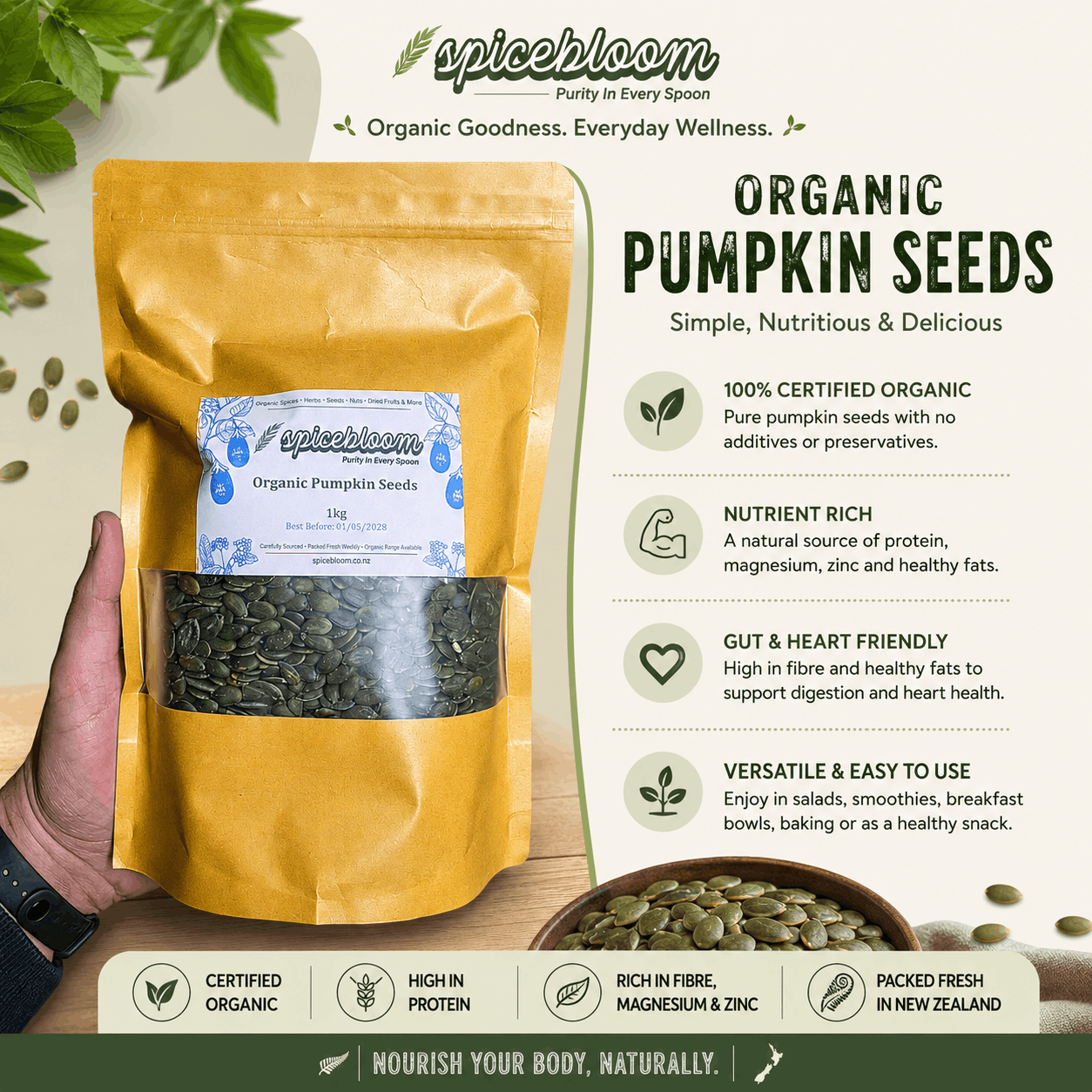 Organic Pumpkin Seeds – Crunchy & Versatile | SpiceBloom NZ - Spice Bloom