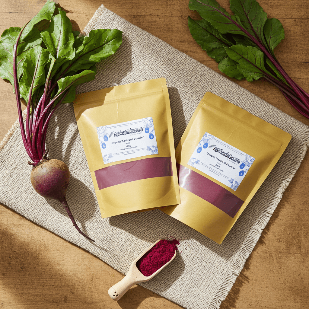 SpiceBloom USDA Organic sun-dried beetroot powder from India for smoothies, pink lattes, baking and colourful everyday recipes.