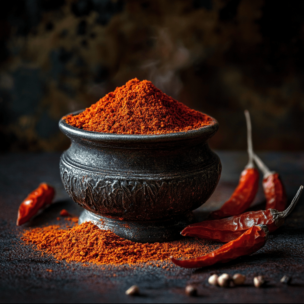 A vibrant mound of SpiceBloom Organic Sweet Paprika powder, showing its rich, deep red colour and fine texture, sourced directly from Spain.