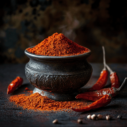 A vibrant mound of SpiceBloom Organic Sweet Paprika powder, showing its rich, deep red colour and fine texture, sourced directly from Spain.