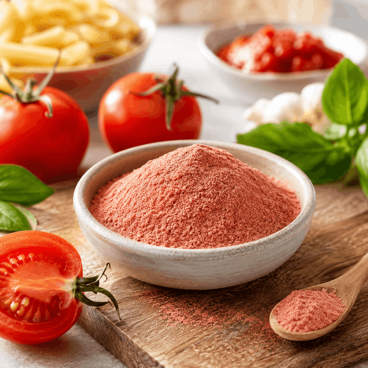 SpiceBloom USDA Organic tomato powder from India in a ceramic bowl with fresh tomatoes, basil and savoury cooking ingredients.