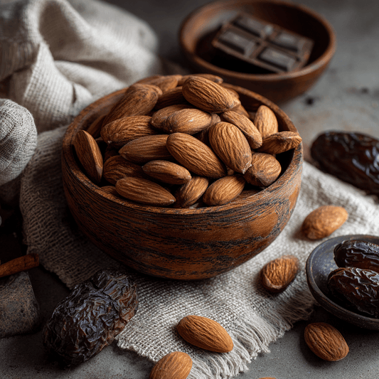 SpiceBloom premium certified-organic Indian almonds with larger kernels and firm crunchy texture for snacking, baking and blending.