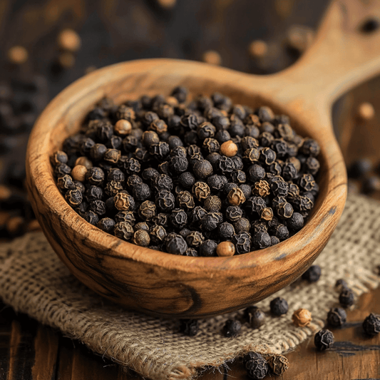A close-up of SpiceBloom's premium whole black peppercorns from India, ready to be freshly ground for bold, aromatic flavour.
