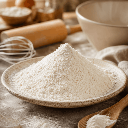 SpiceBloom organic flour served in a rustic baking setting with a mixing bowl, whisk, rolling pin and wooden spoon, highlighting its fine white texture for home baking.